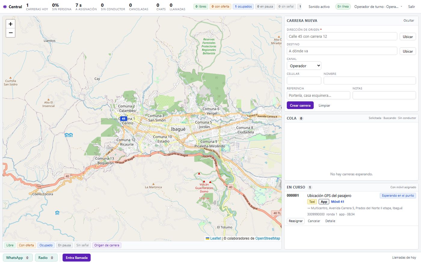 Consola de la central: el mapa de Ibagué con la flota, el formulario para crear una
                  carrera a mano, la cola de espera y las carreras en curso, con los contadores del día
                  arriba.
